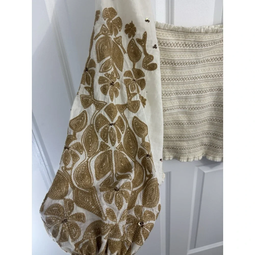 Anthropologie ivory gold embroidered blouse with‎ balloon sleeves XL